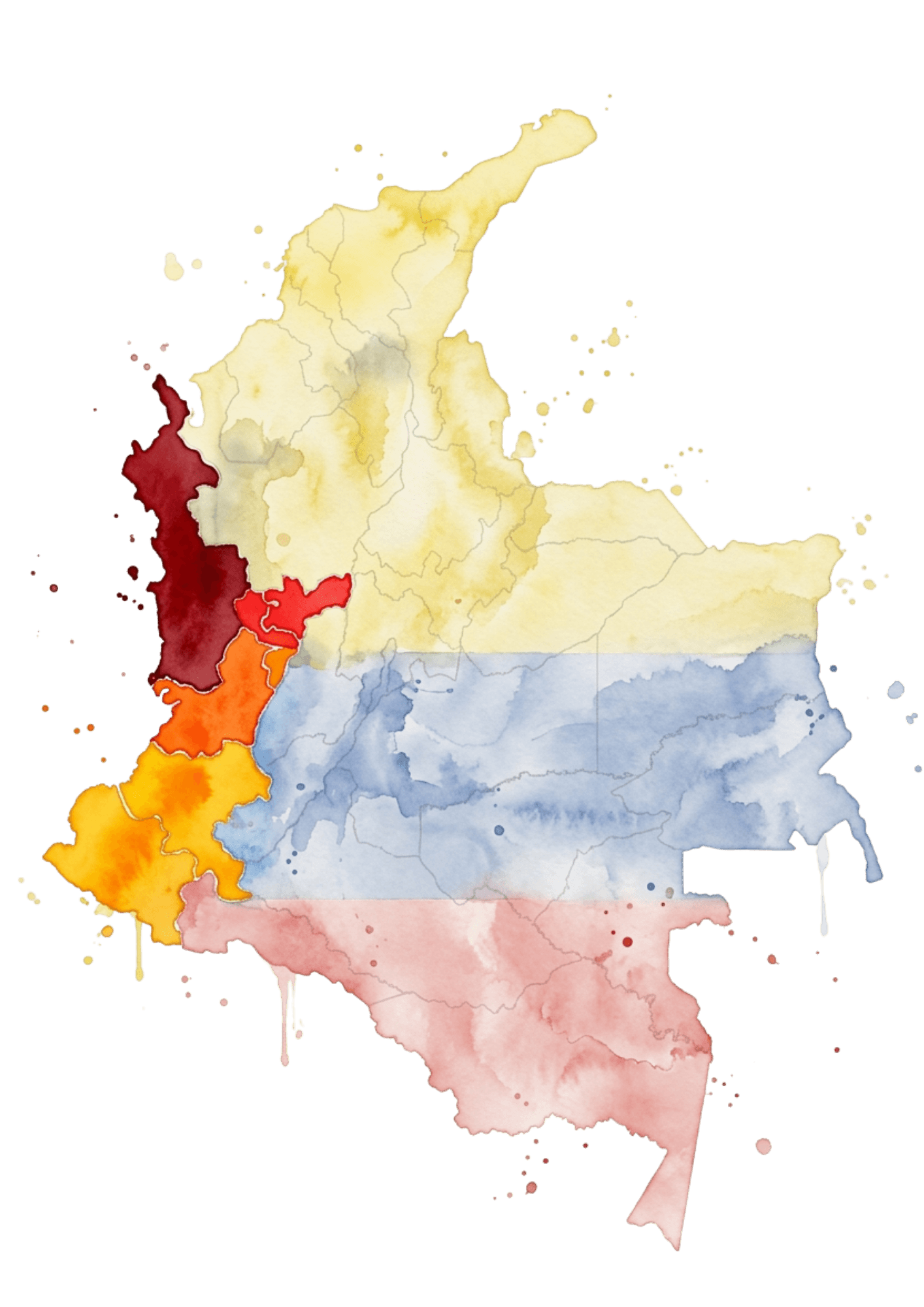 Mapa de Colombia con los cinco departamentos afectados resaltados